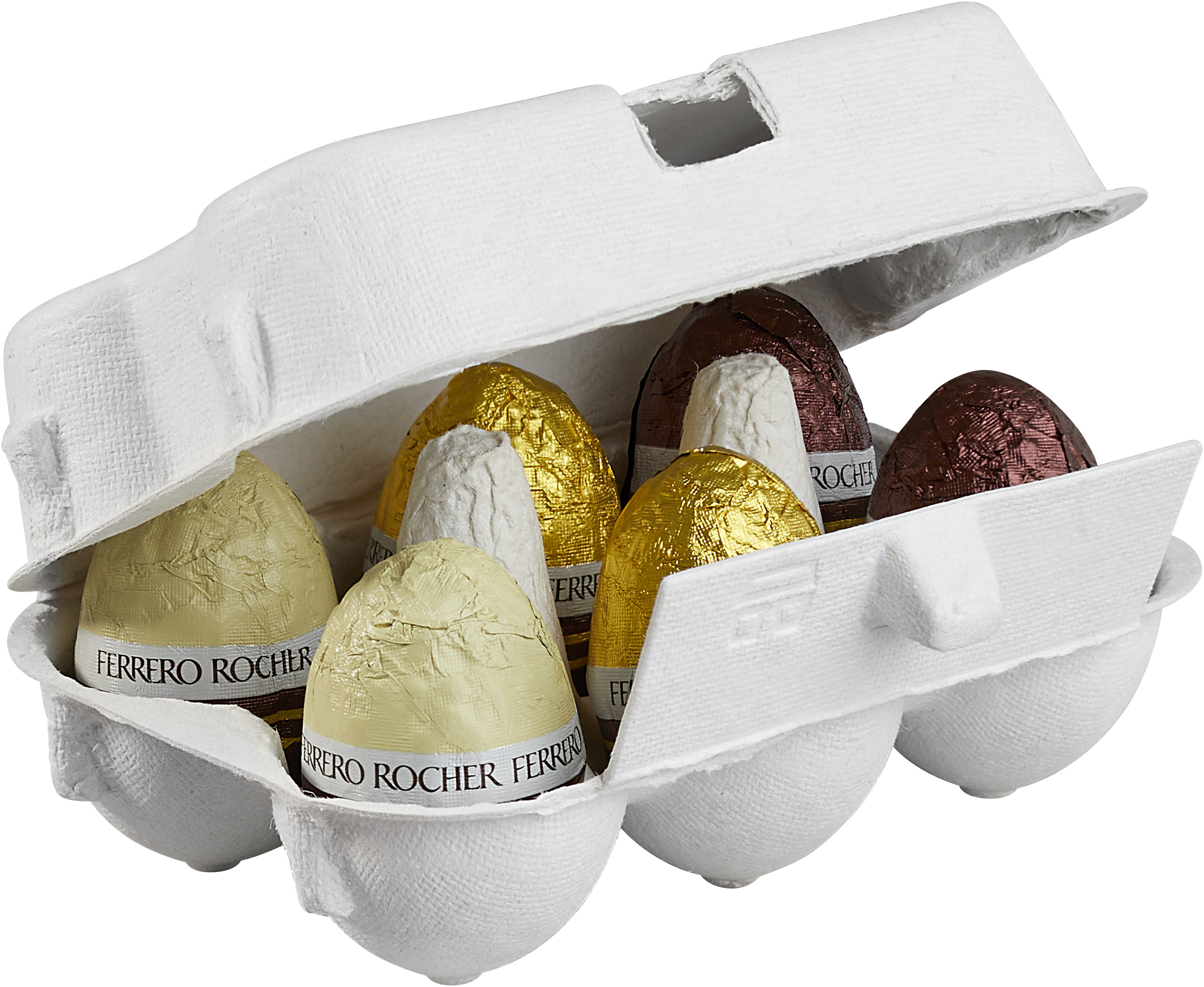 Mix of Ferrero Rocher Eggs: milk chocolate eggs, white chocolate eggs and dark chocolate eggs, filled with hazelnut cocoa cream (36.5%), hazelnut pieces (2%) and wheat crisp (1.2%)