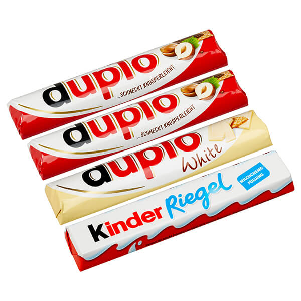 2 x Duplo classic, 1 x Duplo white and 1 x Kinder Chocolate bar