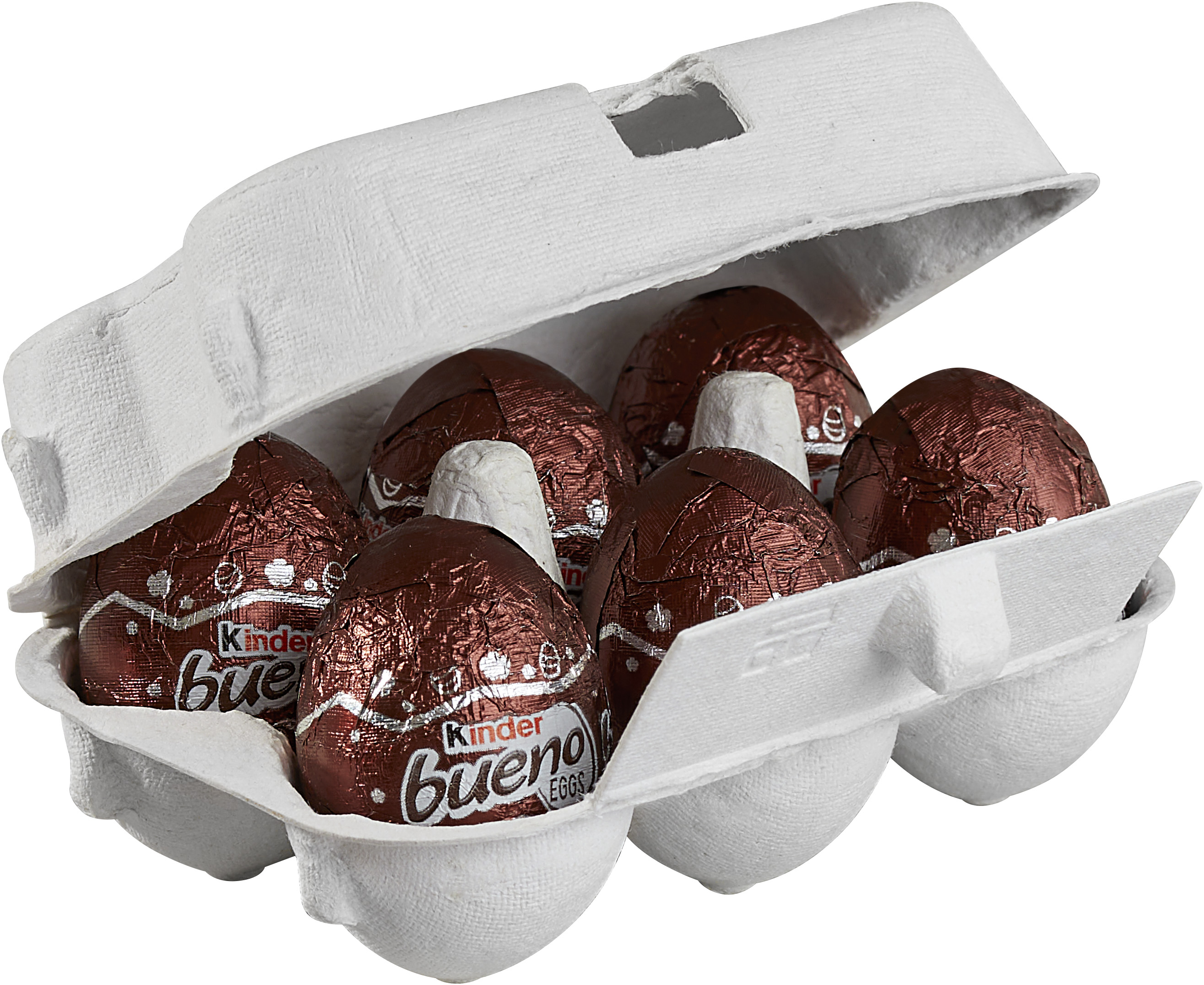 Kinder Bueno Eggs: Milk chocolate eggs filled with fine milk hazelnut cream (42%) and waffle (5%)
