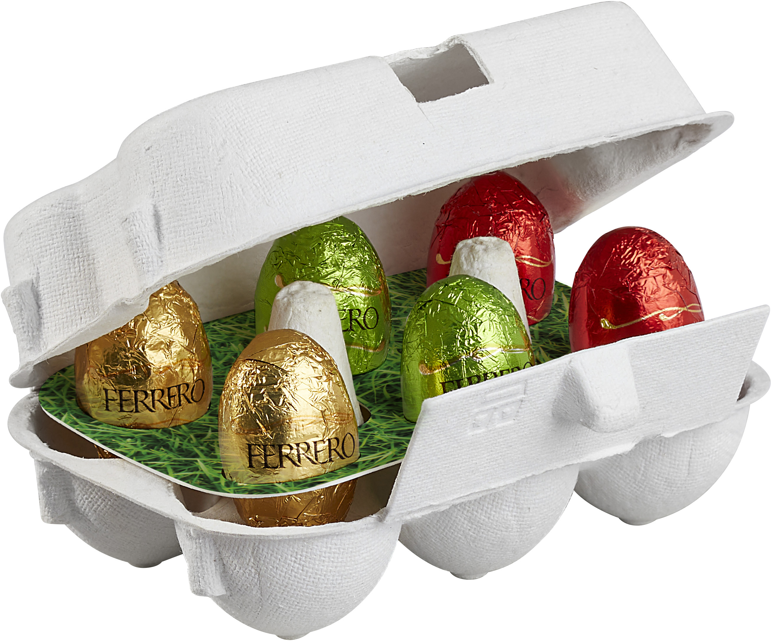 Mix of Ferrero Küsschen eggs: milk chocolate eggs filled with hazelnut cream (55%), milk chocolate eggs with milk almond cream (57.5%) and semi-dark chocolate eggs with cocoa cream (55%)