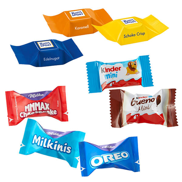 Mix aus: Ritter Sport Schokowürfel, Milka Favourites Mix, Kinder Schokolade Mini & Kinder bueno Mini Mix, ca. 3 Monate haltbar